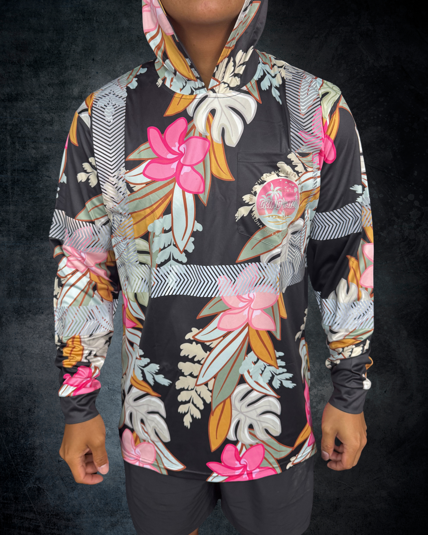 Maile Monstera Palapalai Plumeria Lei Reflective Hoodie - Black