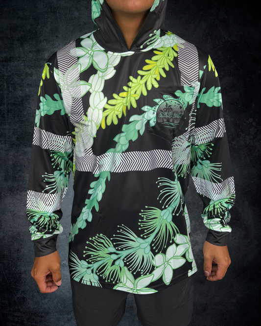 Ohia Lehua Agapanthus Pikake & Pakalana Lei Reflective Hoodie - Black & Green