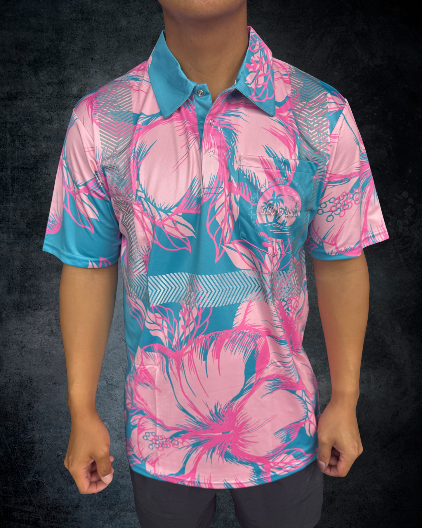 Teal & Pink Hibiscus Reflective Polo