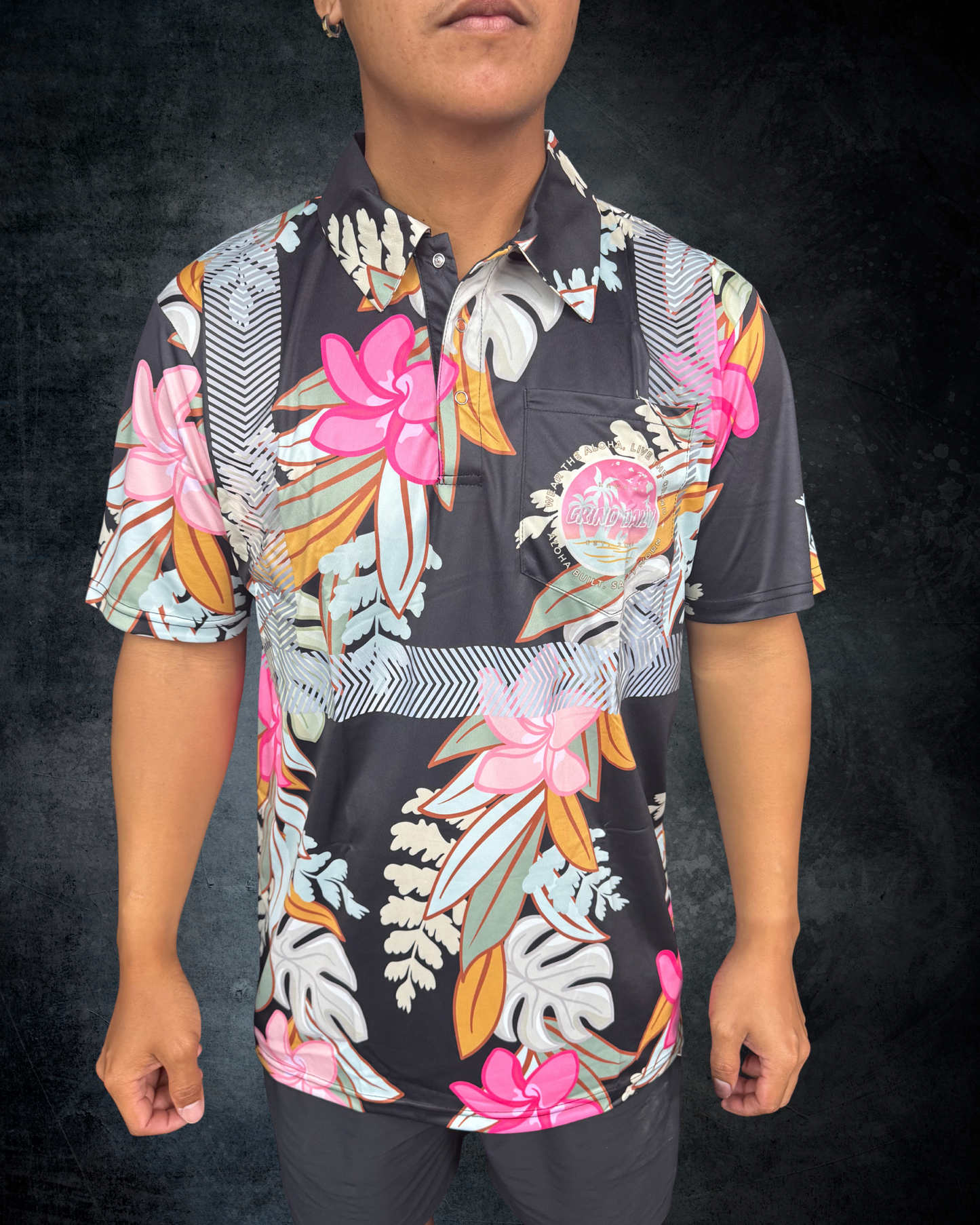Maile Monstera Palapalai Plumeria Lei Reflective Polo - Black