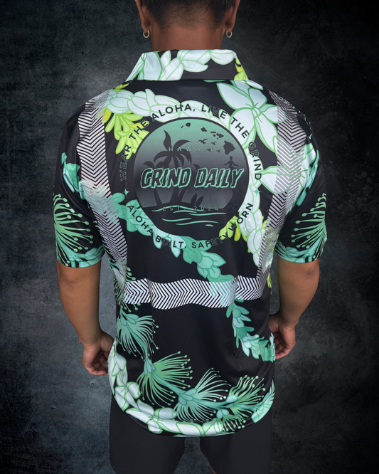 Ohia Lehua Agapanthus Pikake & Pakalana Lei Reflective Polo - Black & Green