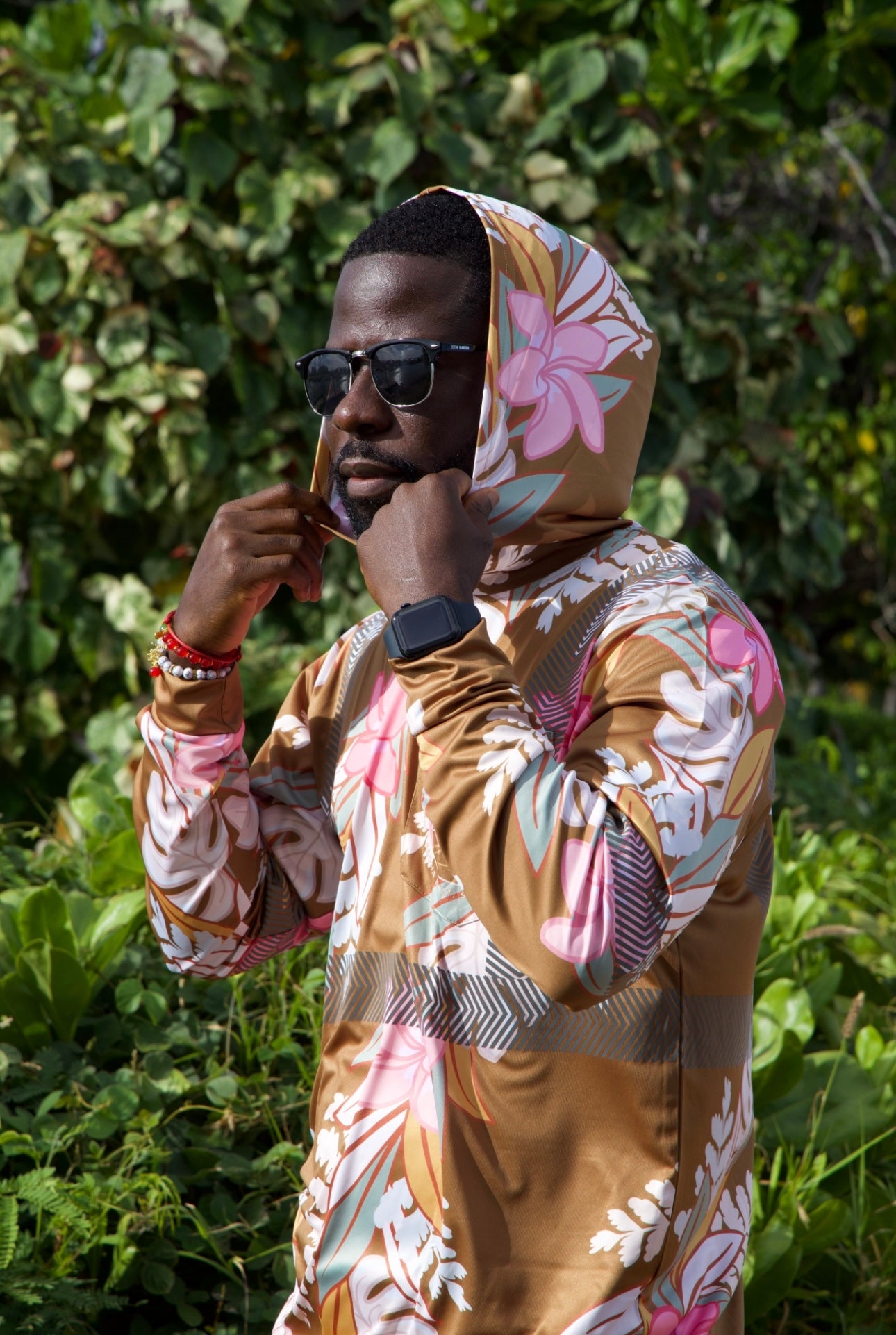 Maile Monstera Palapalai Plumeria Lei Reflective Hoodie - Brown