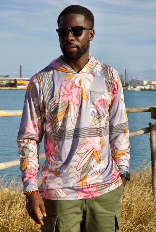 Maile Monstera Palapalai Plumeria Lei Reflective Hoodie - Grey