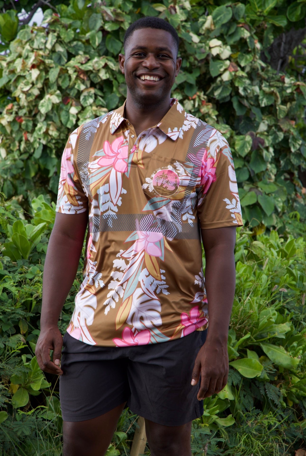 Maile Monstera Palapalai Plumeria Lei Reflective Polo - Brown