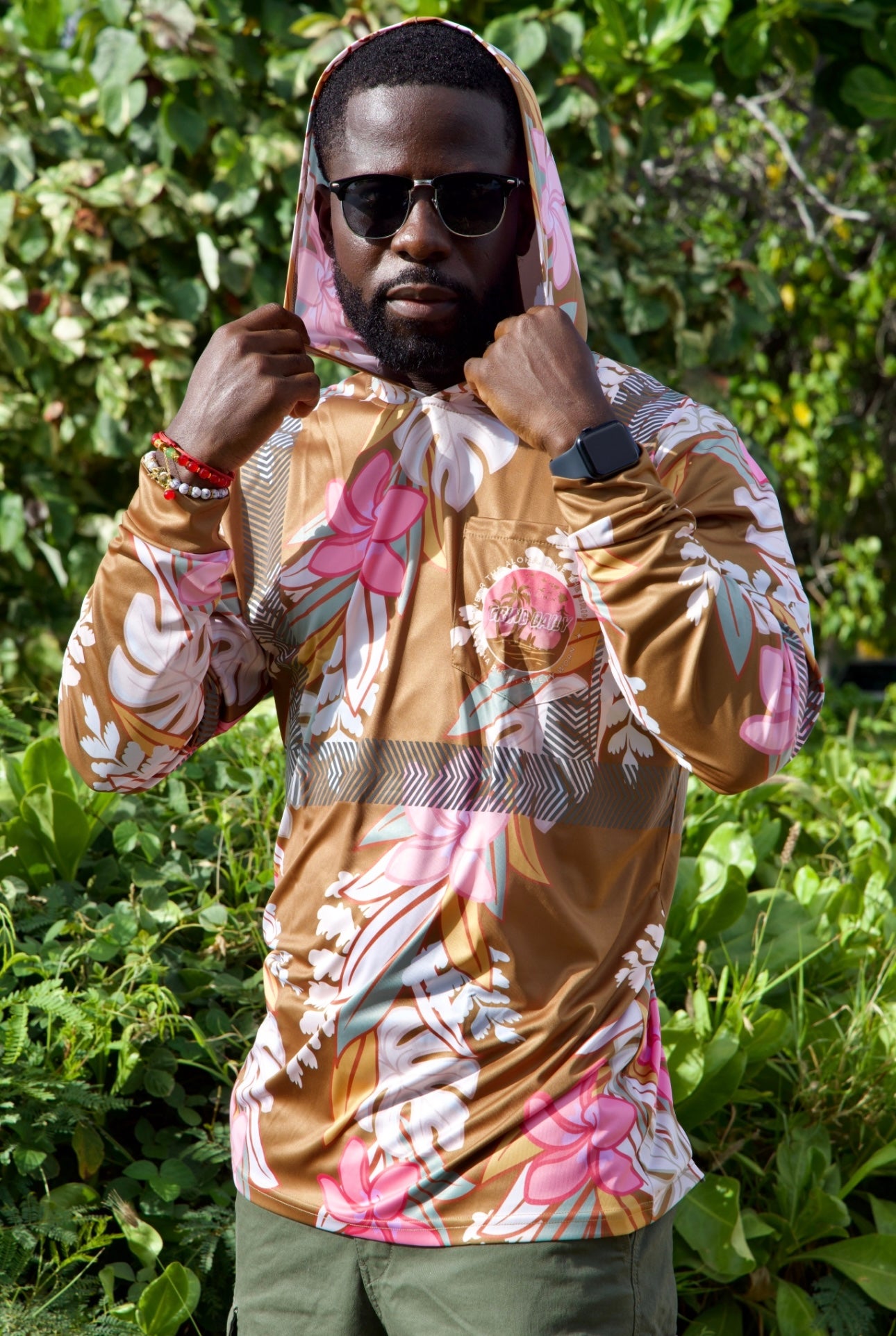 Maile Monstera Palapalai Plumeria Lei Reflective Hoodie - Brown