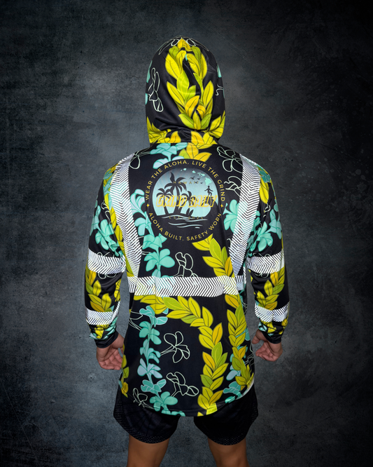 Plumeria & Maile Lei Reflective Hoodie - Black/Green/Blue