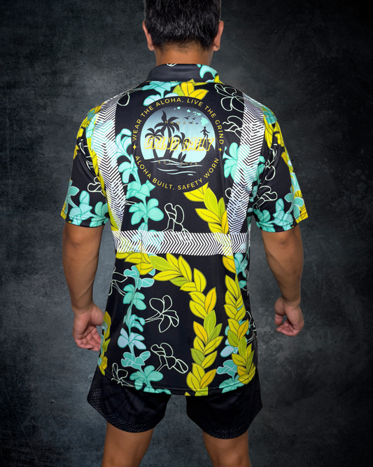 Plumeria & Maile Lei Reflective Polo - Black/Green/Blue
