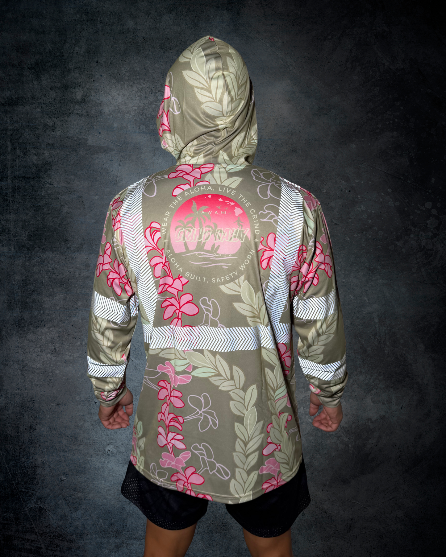 Plumeria & Maile Lei Reflective Hoodie - Green/Pink