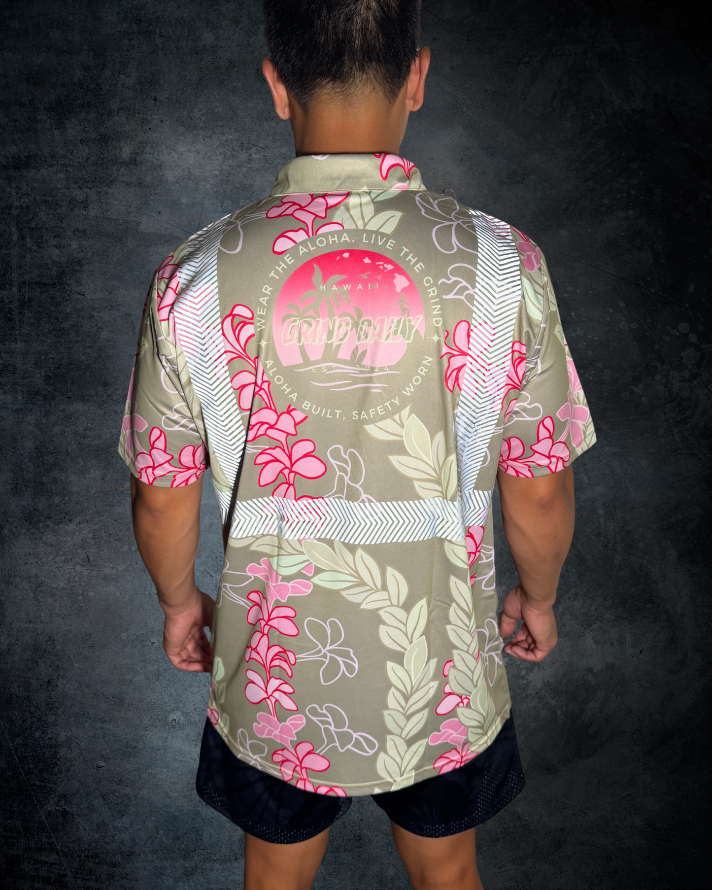 Plumeria & Maile Lei Reflective Polo - Green/Pink