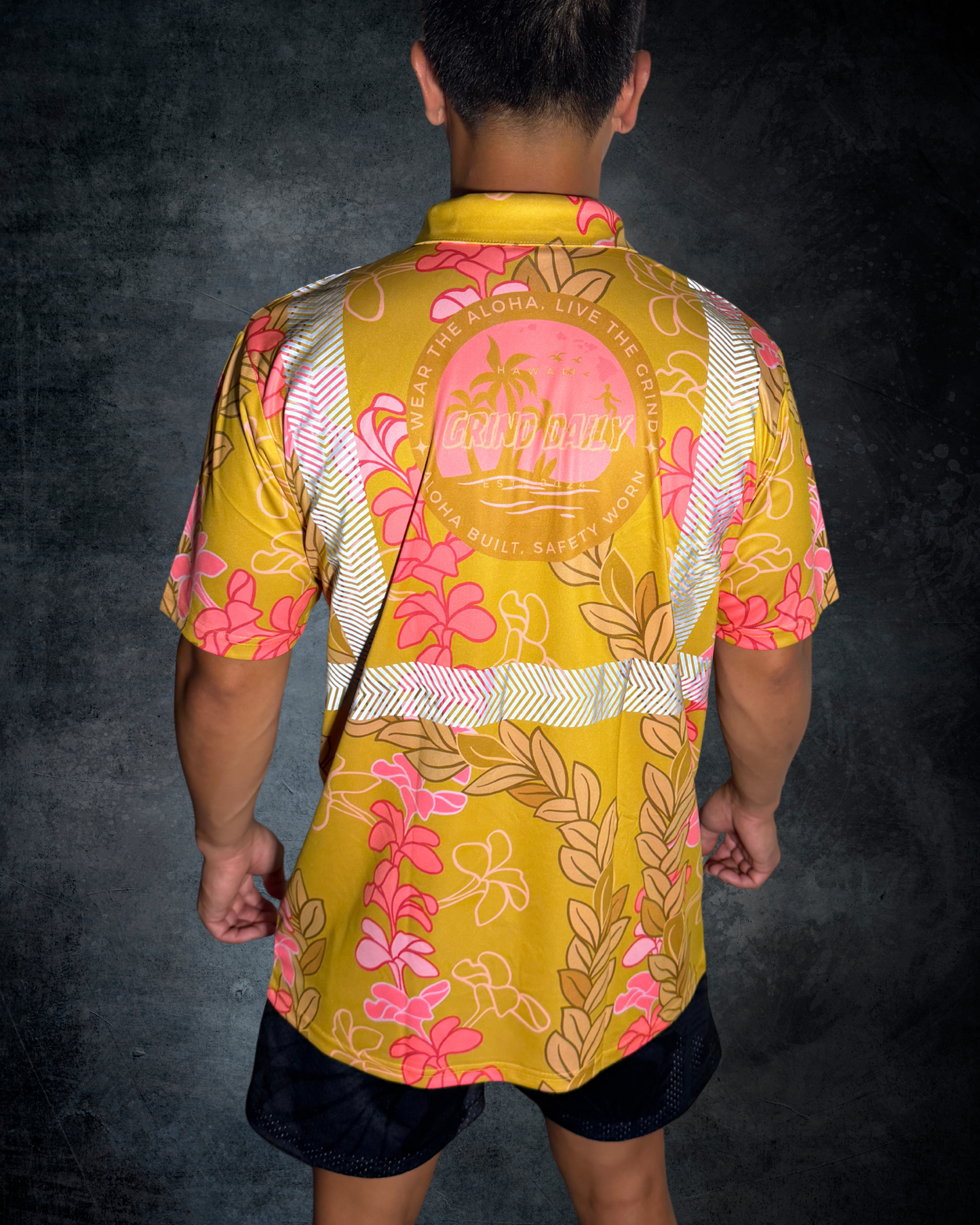 Plumeria & Maile Lei Reflective Polo - Mustard