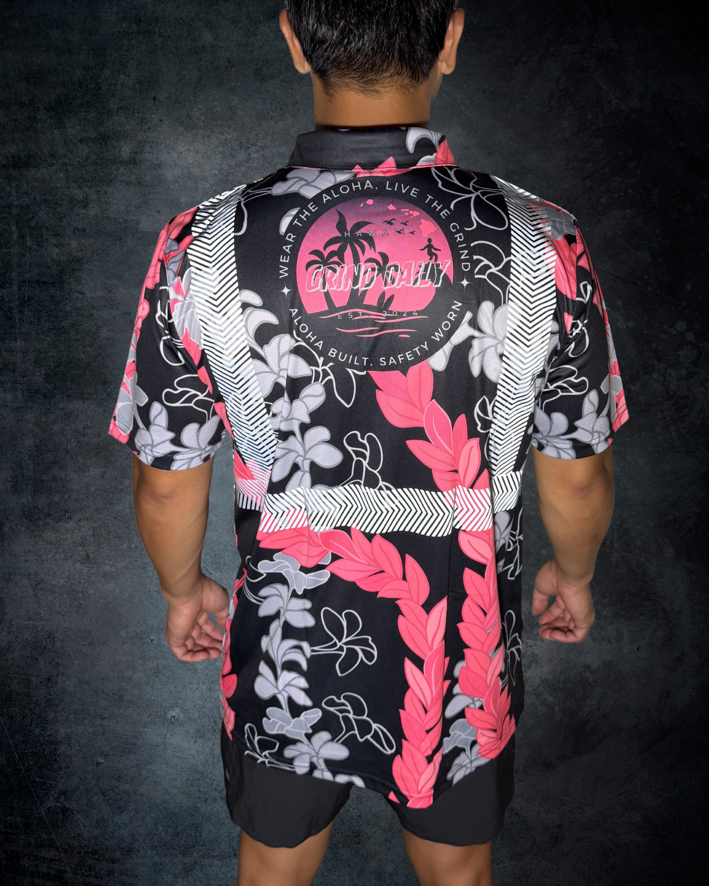 Plumeria & Maile Lei Reflective Polo - Black/Pink