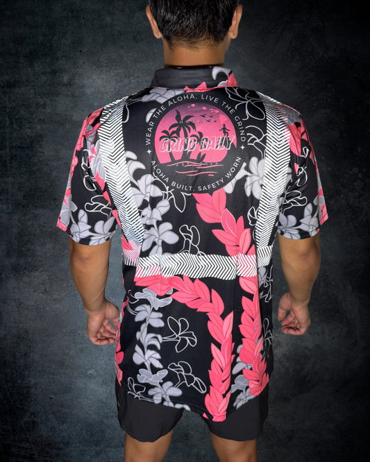 Plumeria & Maile Lei Reflective Polo - Black/Pink