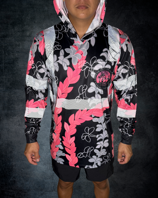 Plumeria & Maile Lei Reflective Hoodie - Black/Pink