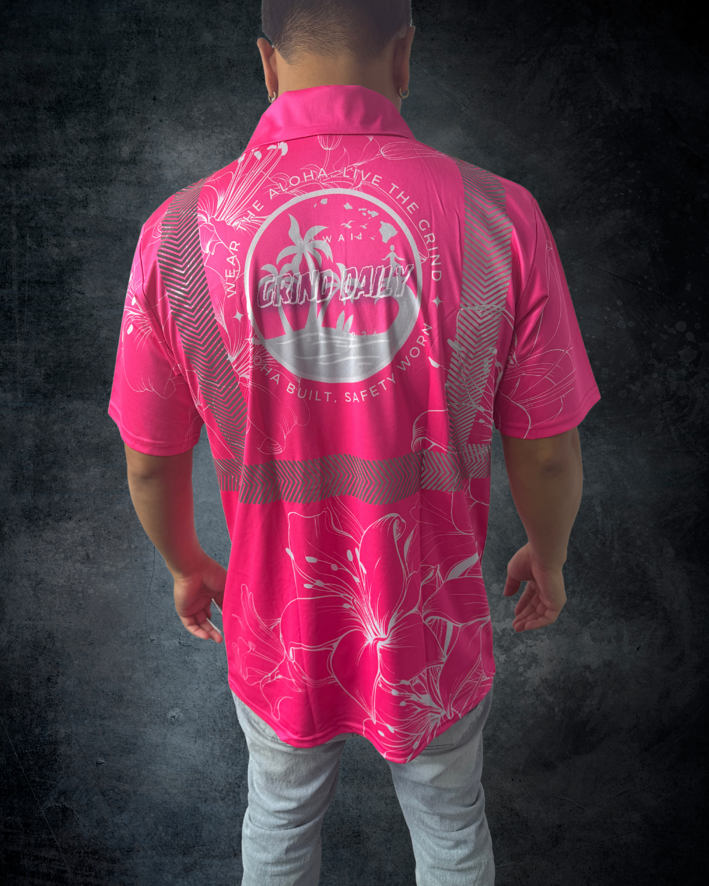 Pink & White Outline Hibiscus Reflective Polo