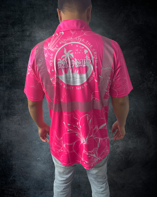 Pink & White Outline Hibiscus Reflective Polo