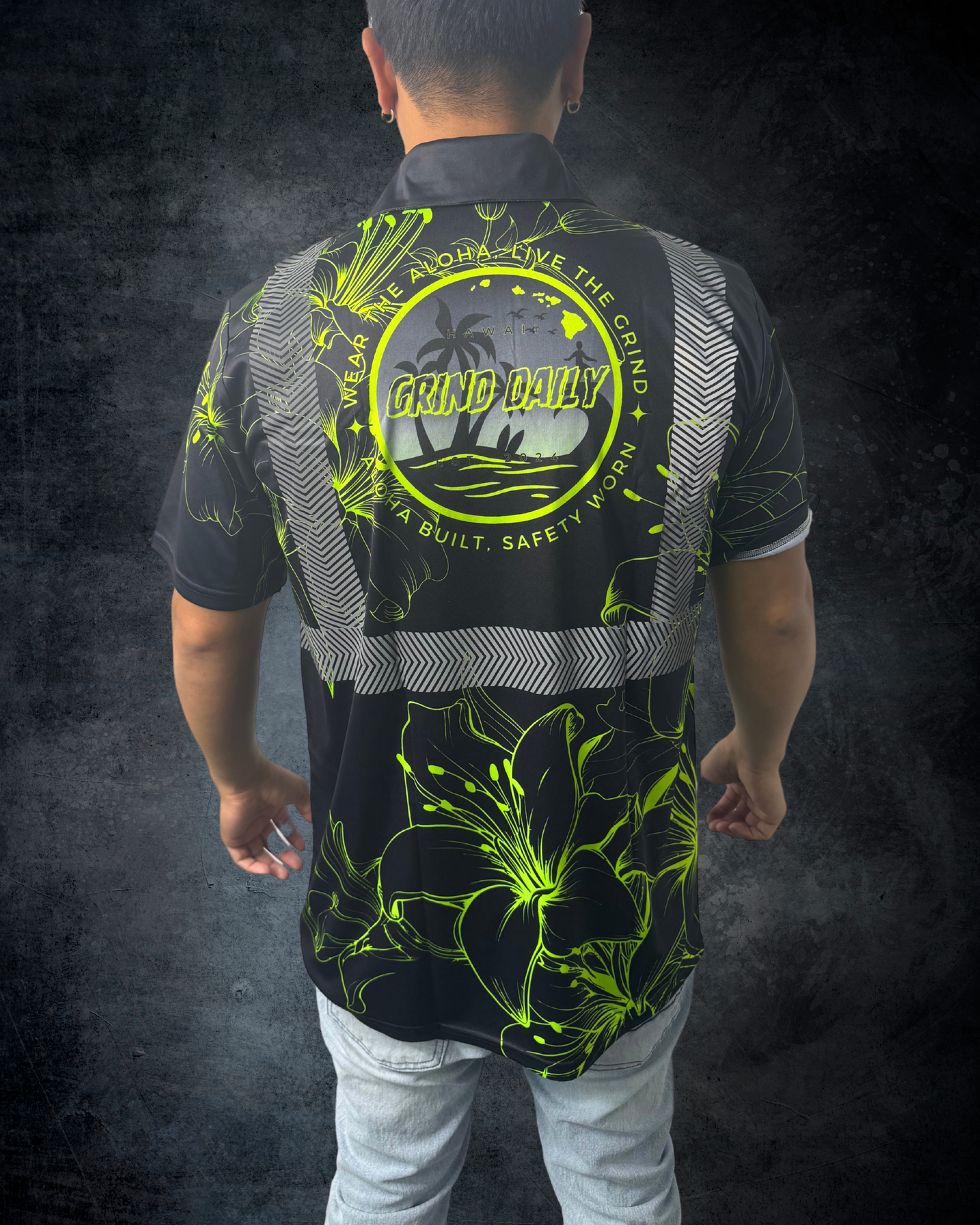Black & Green Hibiscus Reflective Polo