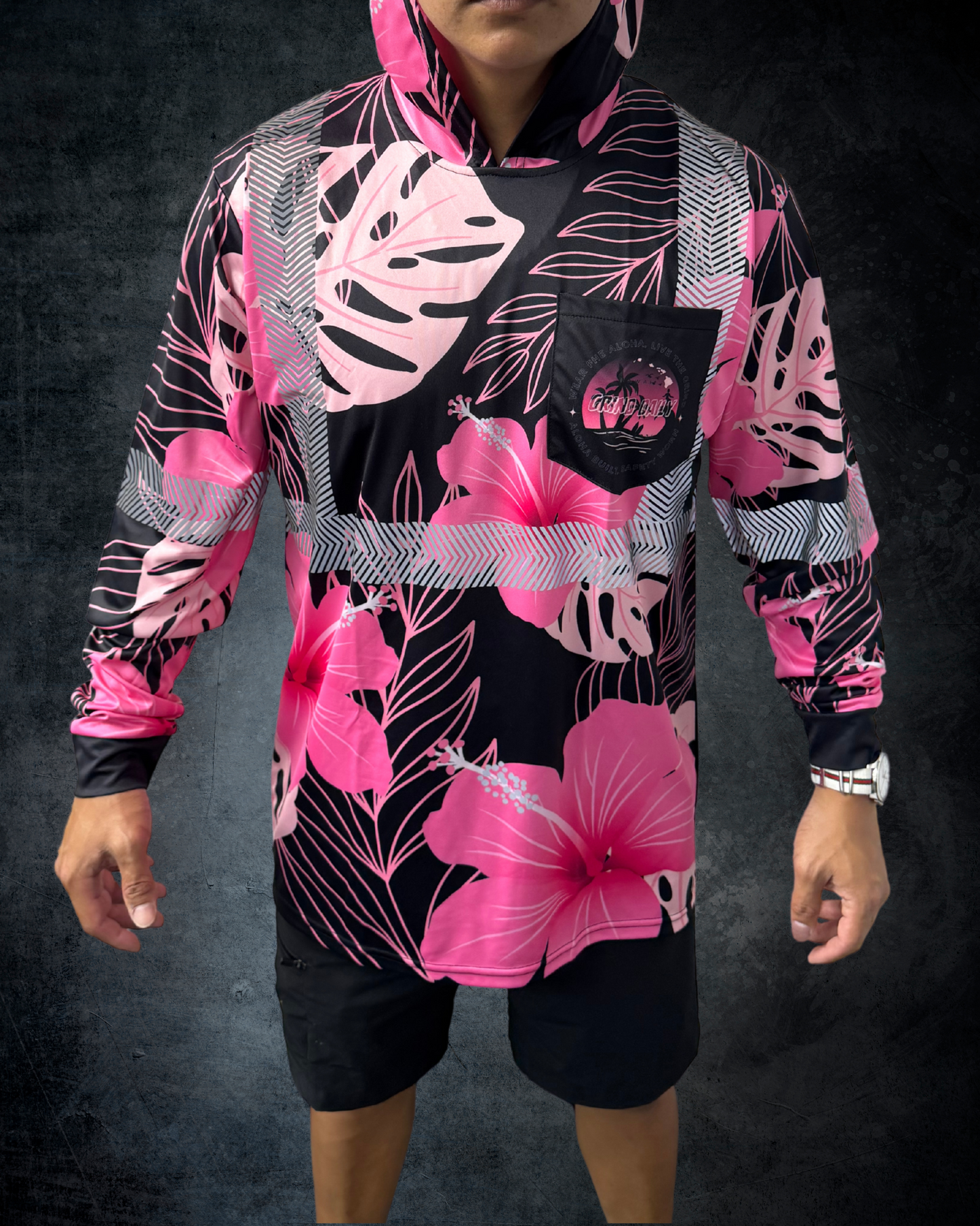 Black & Pink Hibiscus Reflective Hoodie