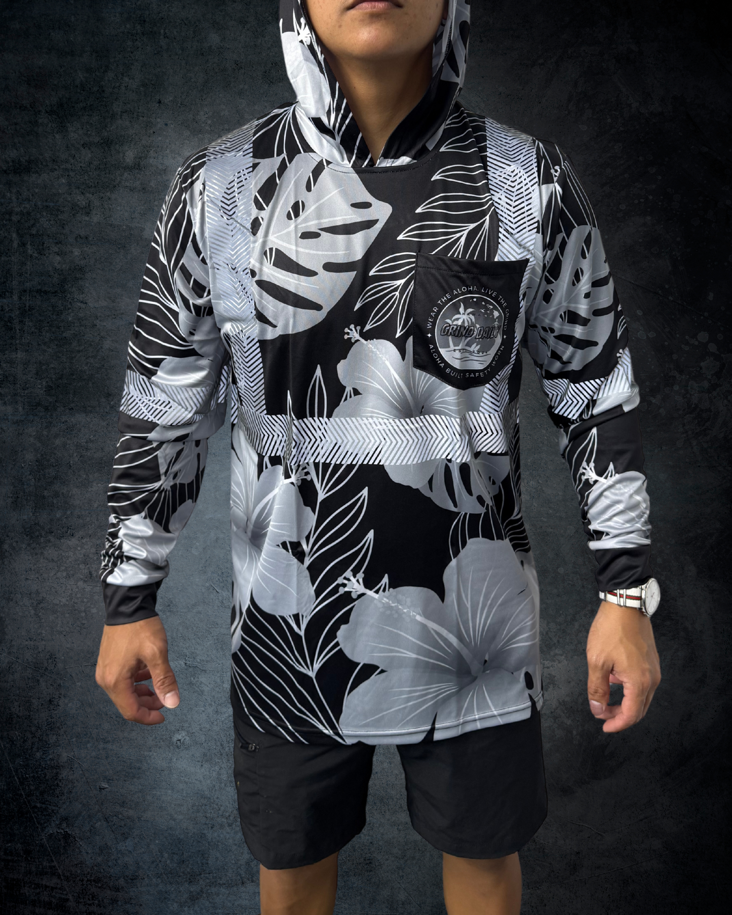 Black & Grey Hibiscus Reflective Hoodie