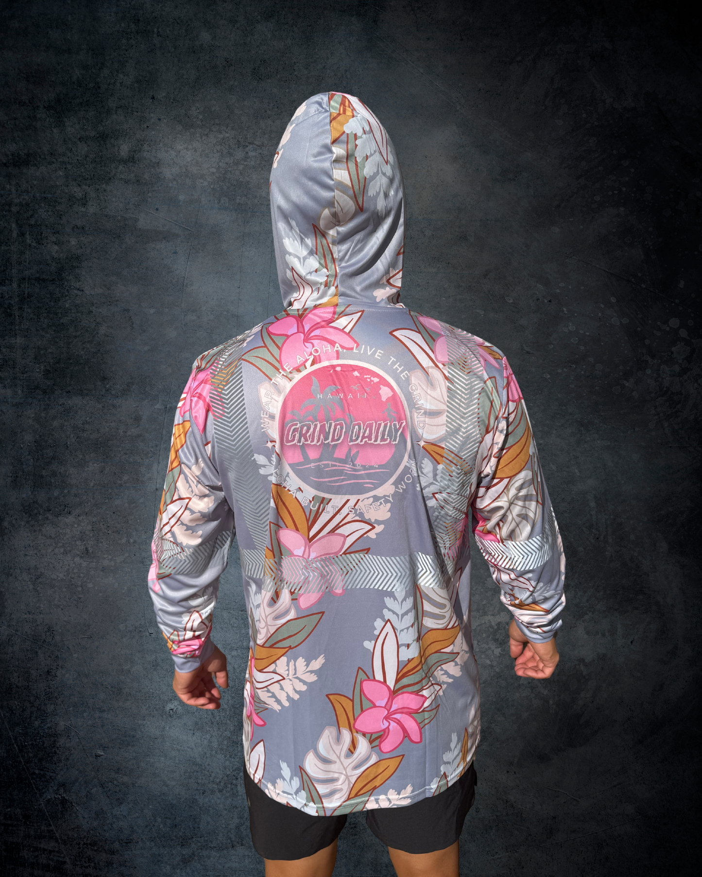 Maile Monstera Palapalai Plumeria Lei Reflective Hoodie - Grey