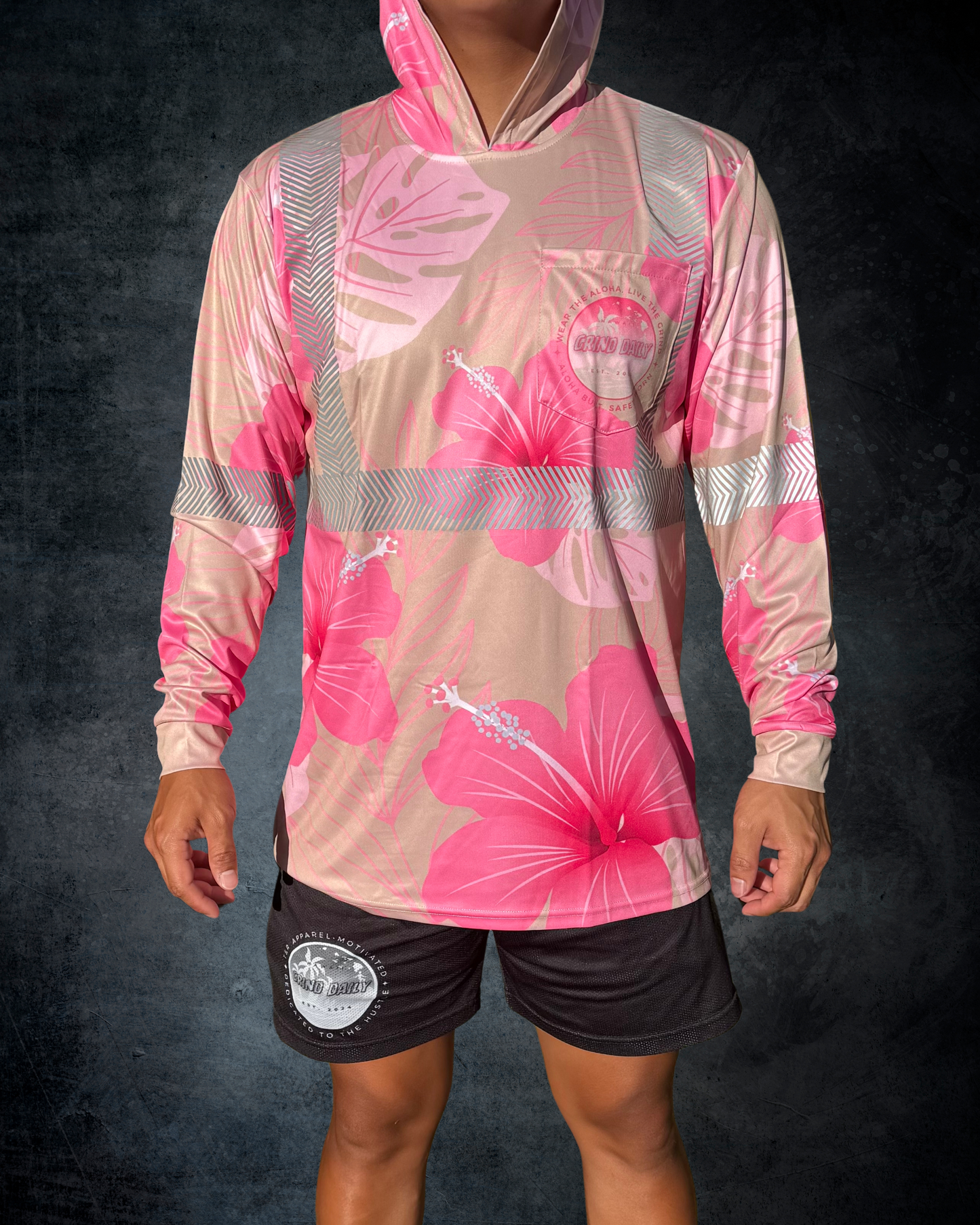 Beige & Pink Hibiscus Reflective Hoodie