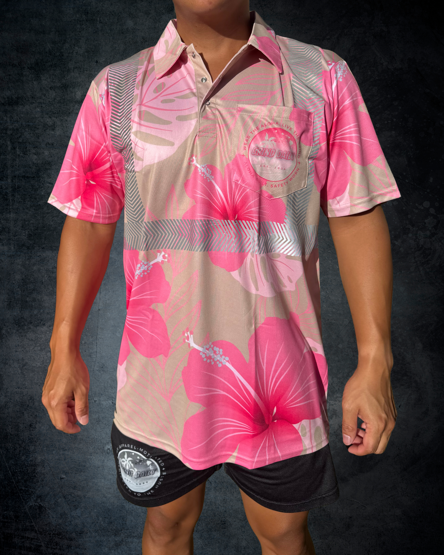 Beige & Pink Hibiscus Reflective Polo