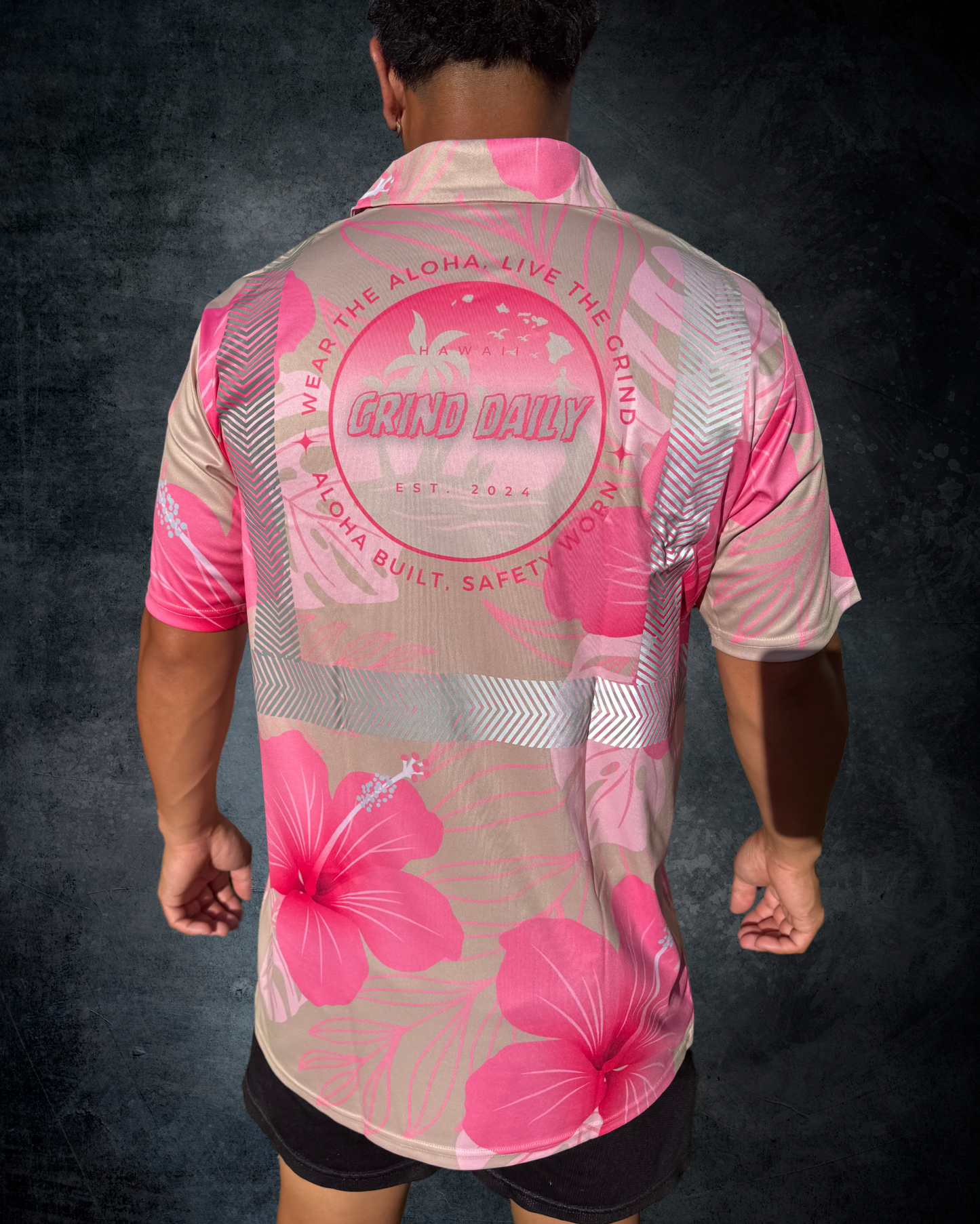 Beige & Pink Hibiscus Reflective Polo