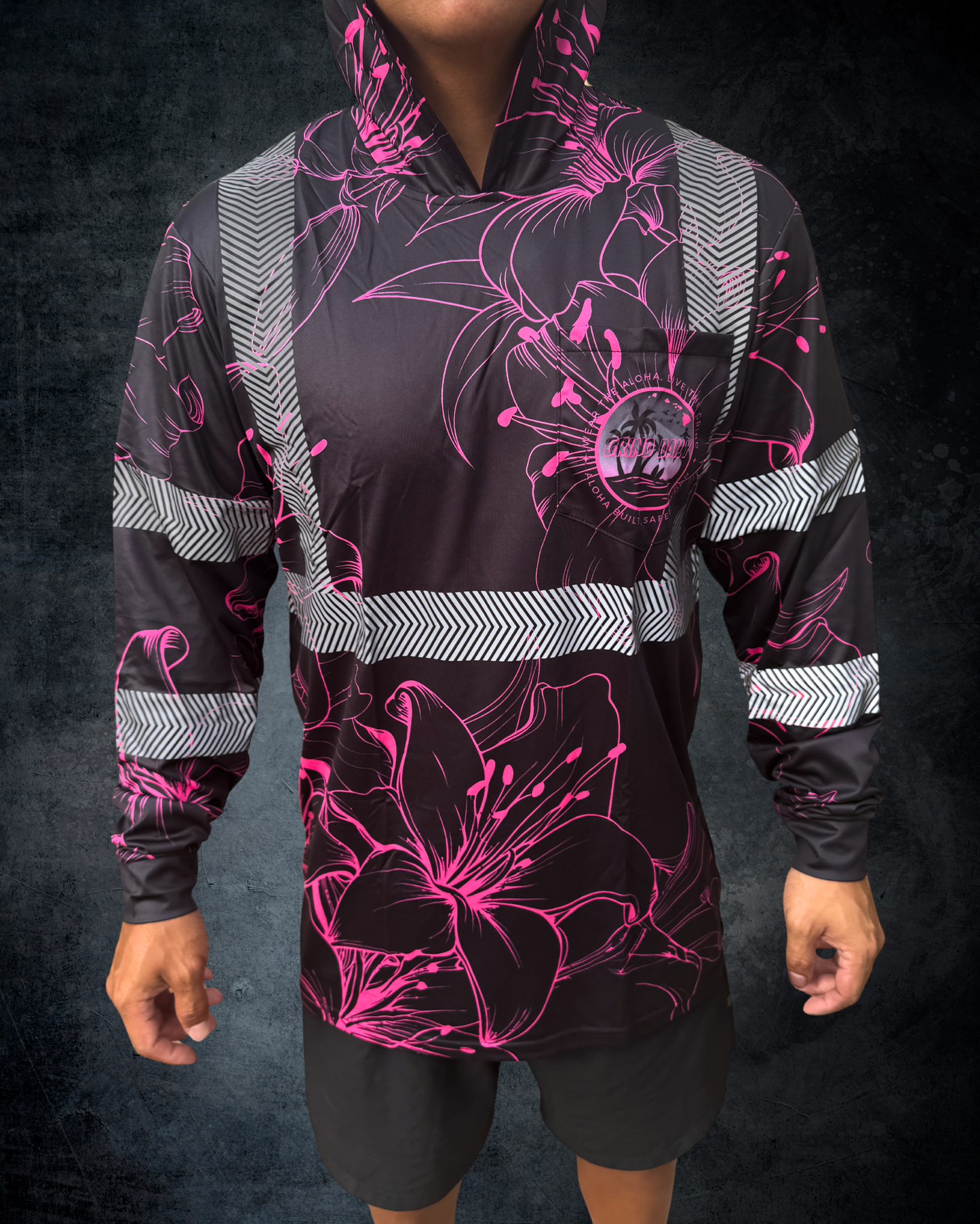 Black & Pink Hibiscus Outline Reflective Hoodie