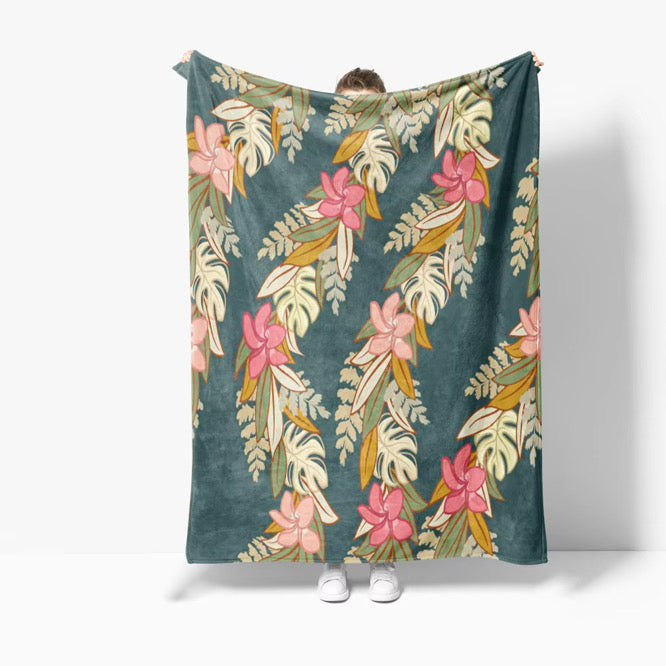 Blue Maile Monstera Palapalai Plumeria Lei - Throw Blanket