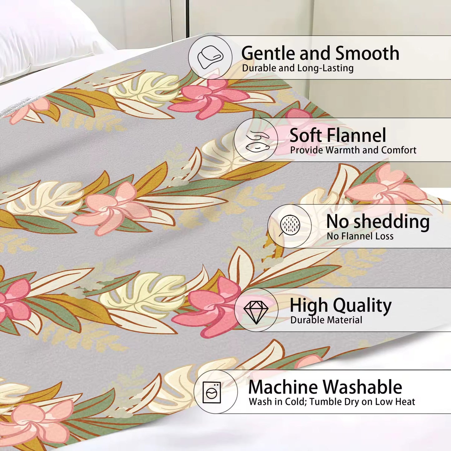 Grey Maile Monstera Palapalai Plumeria Lei - Throw Blanket
