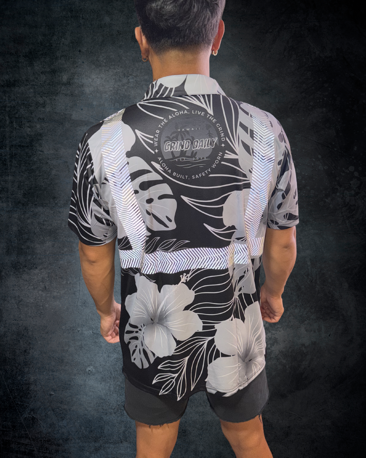 Black & Grey Hibiscus Reflective Polo
