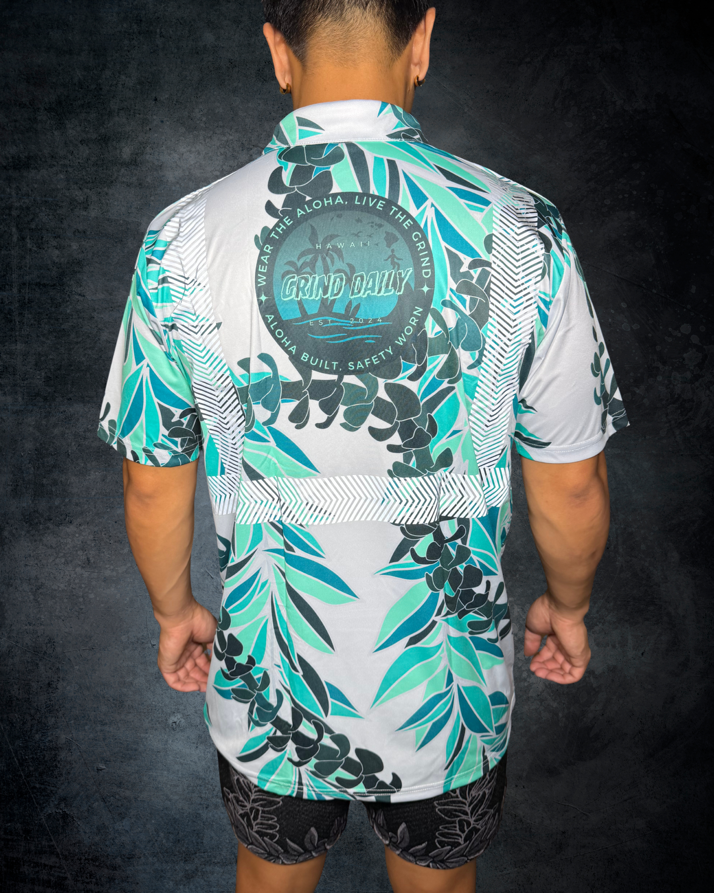 Teal & Grey Maile & Puakenikeni Lei Reflective Polo