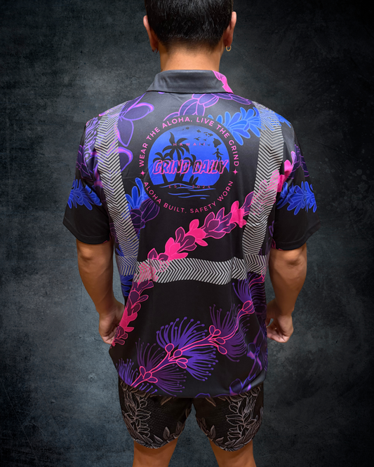 Ohia Lehua Agapanthus Pikake & Pakalana Lei Reflective Polo - Blue/Pink/Purple