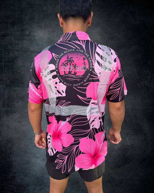Black & Pink Hibiscus Reflective Polo