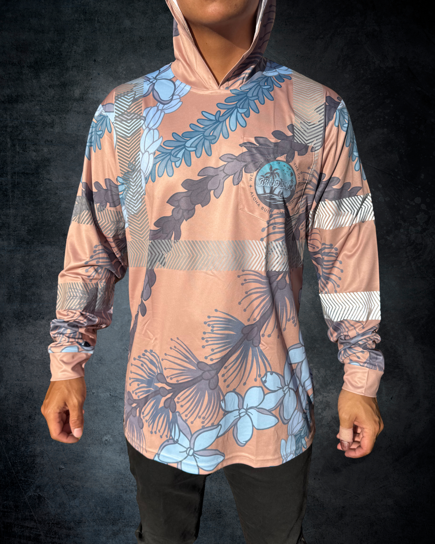 Ohia Lehua Agapanthus Pikake & Pakalana Lei Reflective Hoodie - Brown & Blue