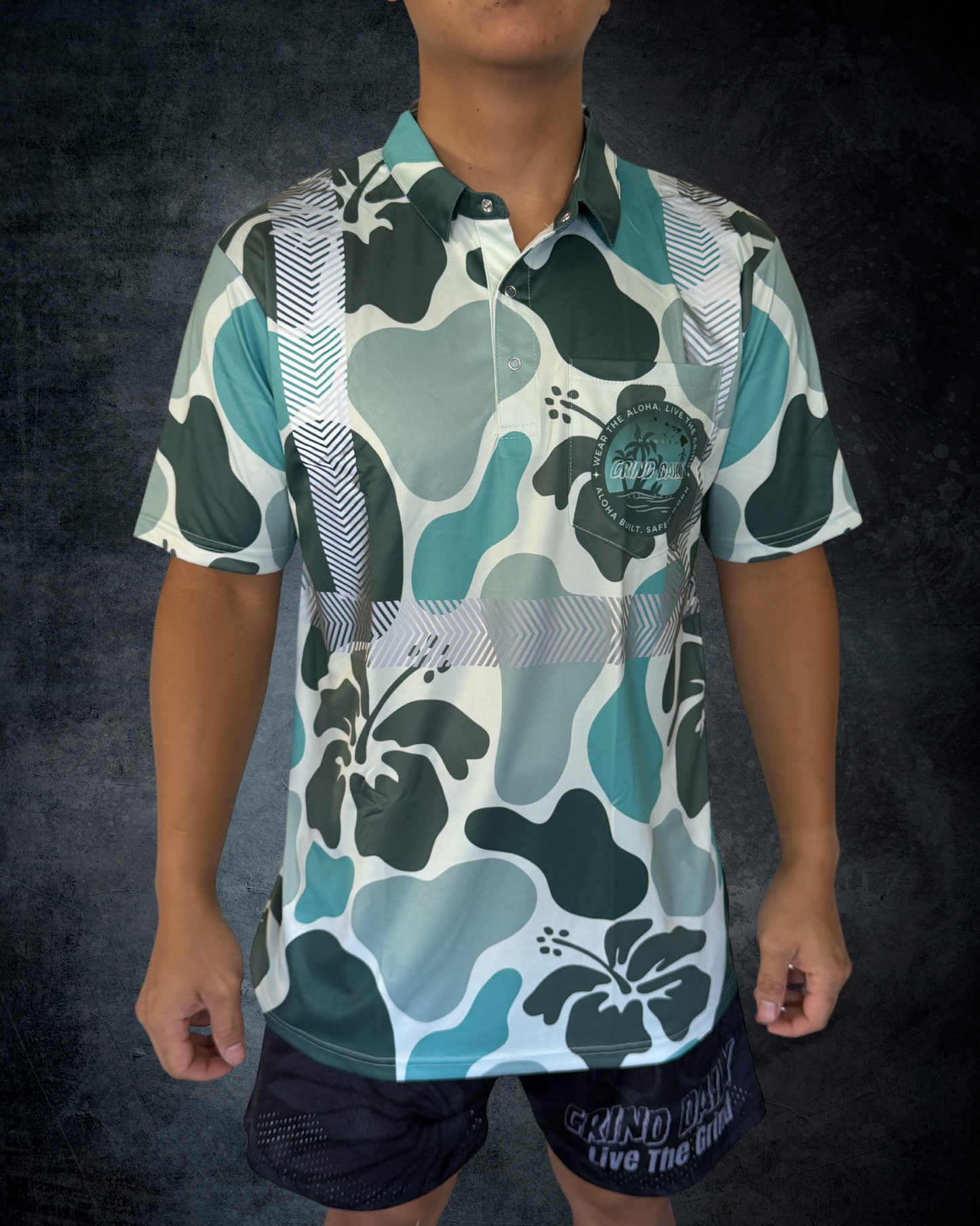 Hibiscus Camo Reflective Polo - Blue