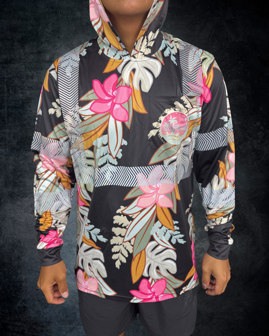 Maile Monstera Palapalai Plumeria Lei Reflective Hoodie - Black