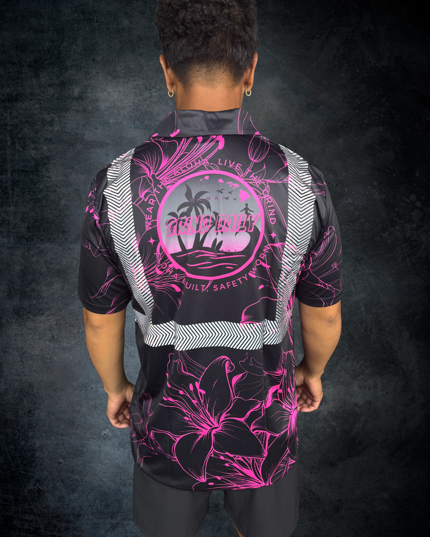 Black & Pink Hibiscus Outline Reflective Polo