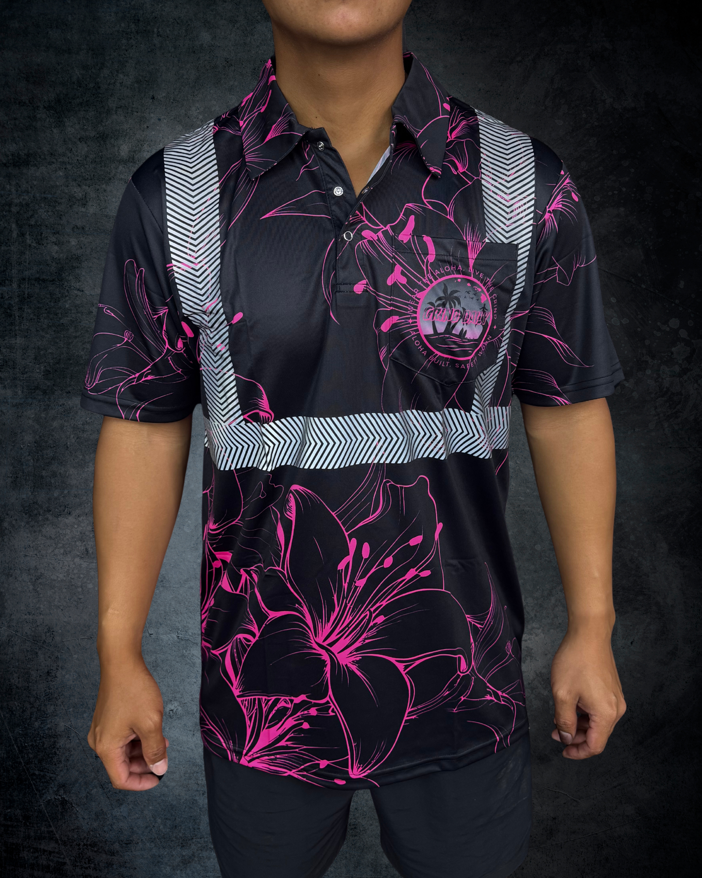Black & Pink Hibiscus Outline Reflective Polo