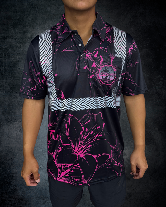 Black & Pink Hibiscus Outline Reflective Polo