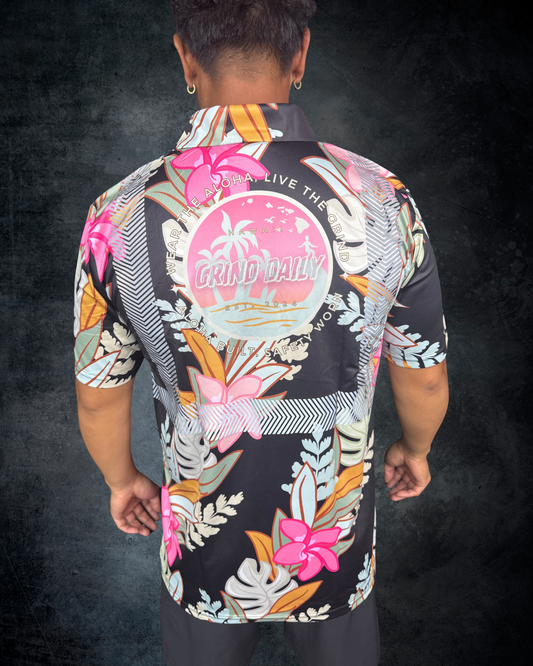 Maile Monstera Palapalai Plumeria Lei Reflective Polo - Black