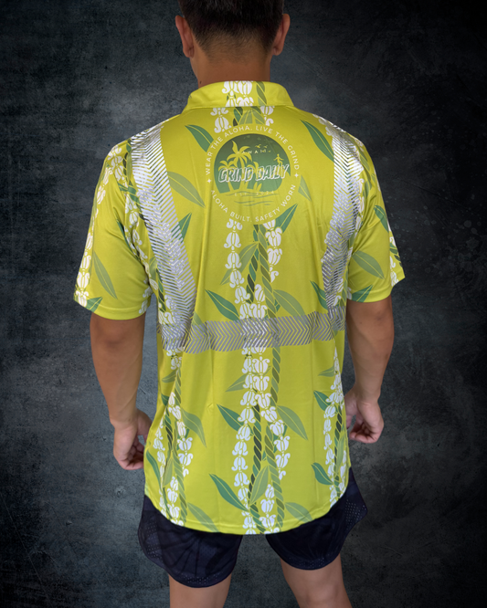 Green Maile & Crown Flower Lei Reflective Polo