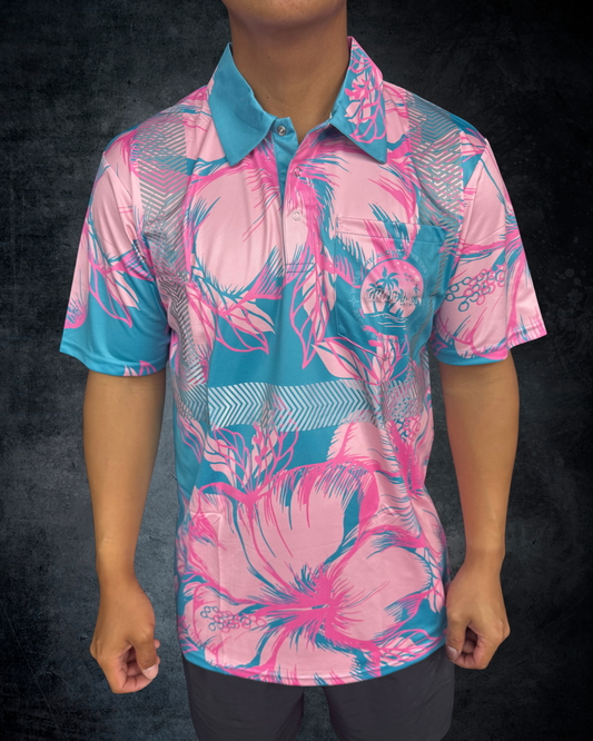 Teal & Pink Hibiscus Reflective Polo