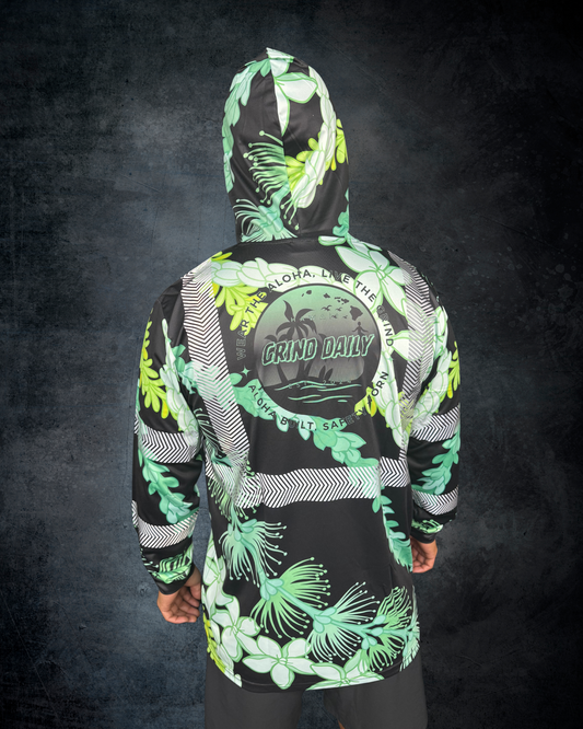 Ohia Lehua Agapanthus Pikake & Pakalana Lei Reflective Hoodie - Black & Green