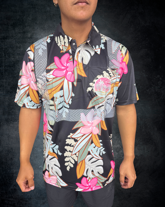 Maile Monstera Palapalai Plumeria Lei Reflective Polo - Black