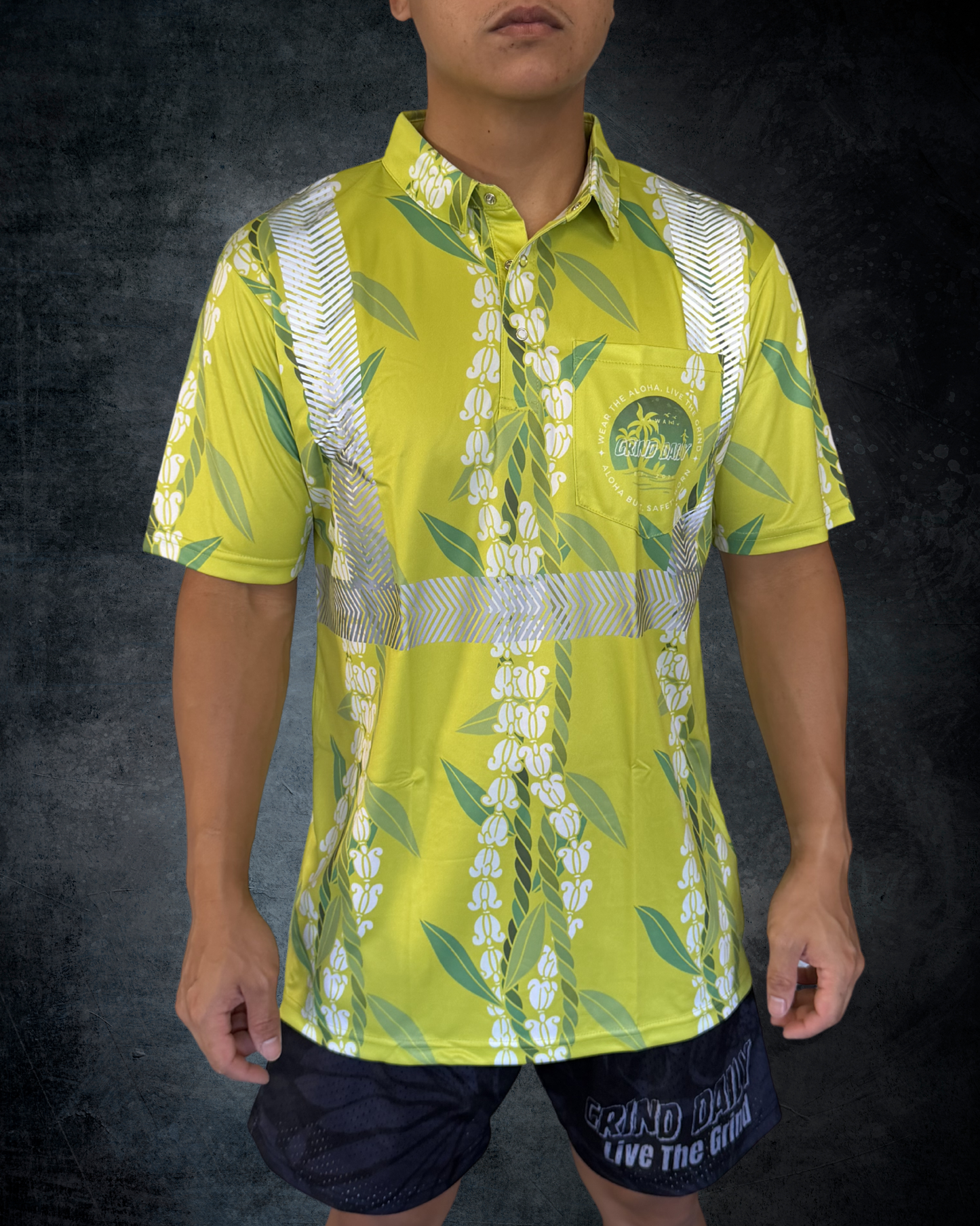Green Maile & Crown Flower Lei Reflective Polo