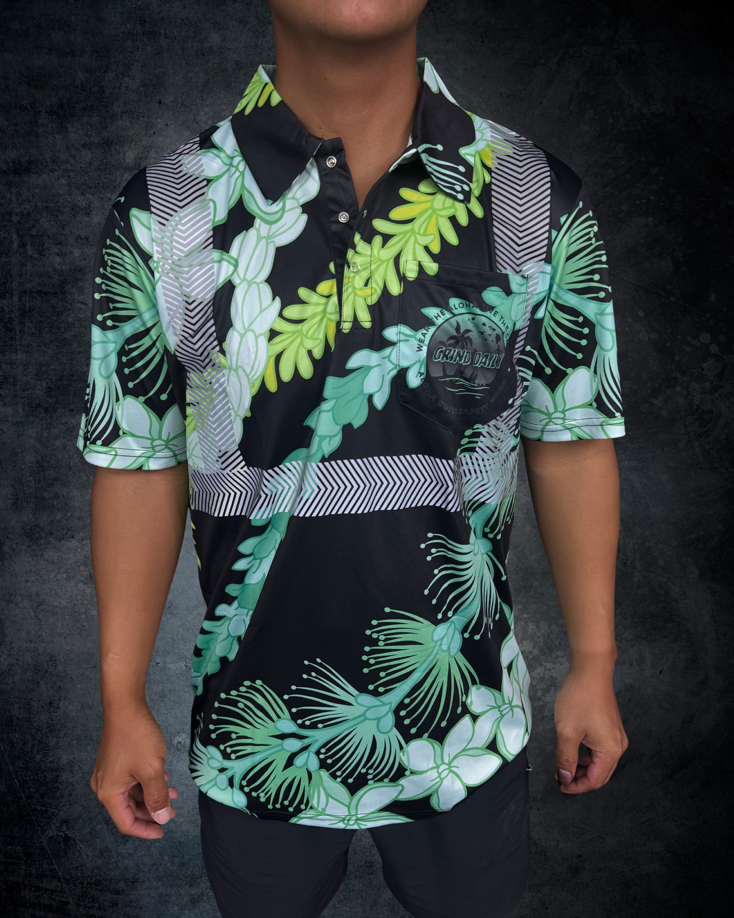 Ohia Lehua Agapanthus Pikake & Pakalana Lei Reflective Polo - Black & Green