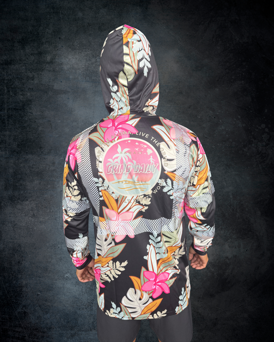 Maile Monstera Palapalai Plumeria Lei Reflective Hoodie - Black