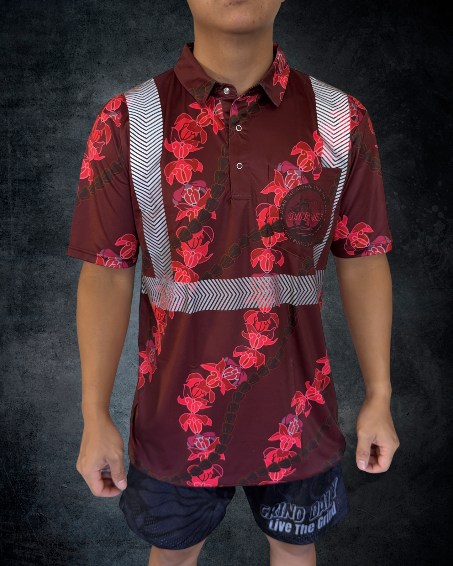 Crown Flower Lei Reflective Polo - Maroon