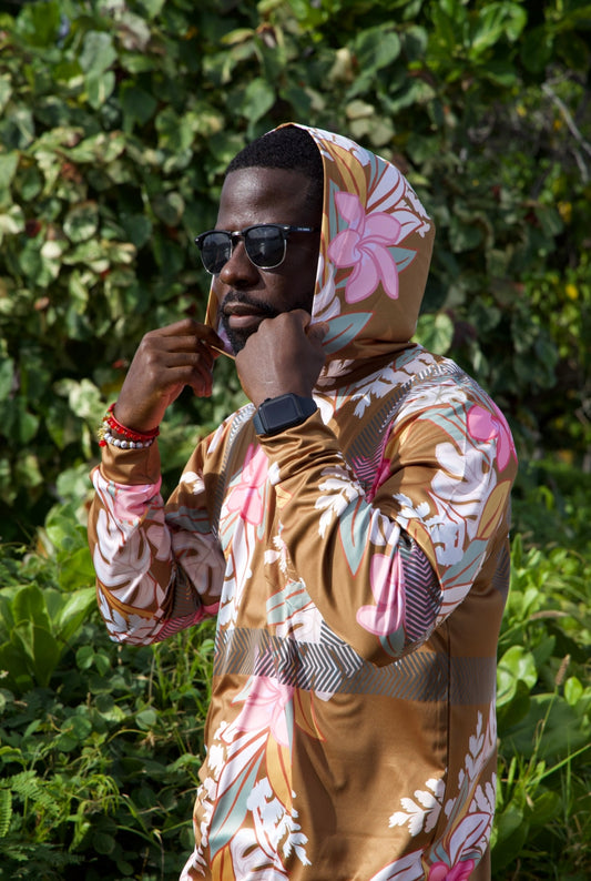 Maile Monstera Palapalai Plumeria Lei Reflective Hoodie - Brown