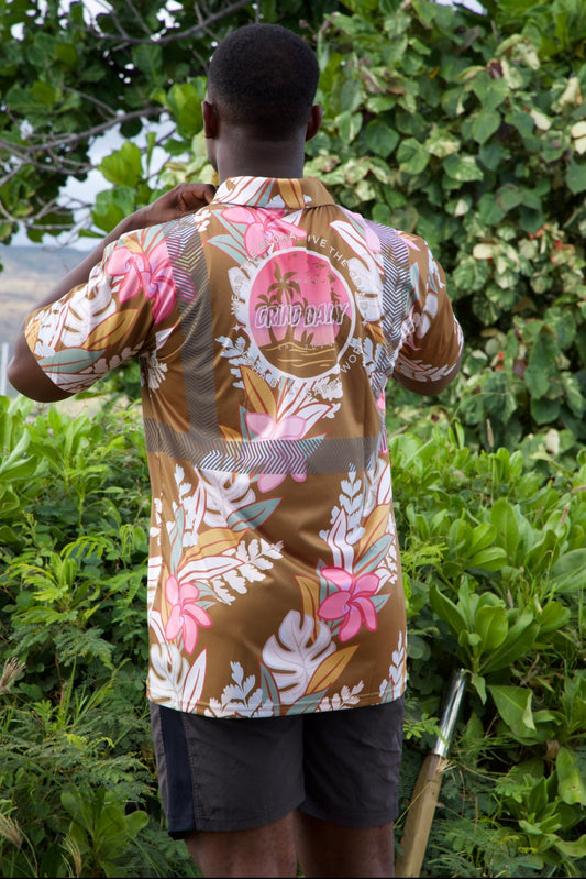Maile Monstera Palapalai Plumeria Lei Reflective Polo - Brown
